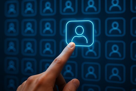 Human finger touching glowing blue user profile icon on digital screen selecting choosing