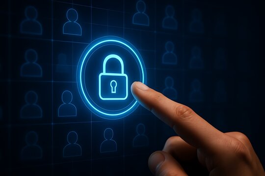 Finger touching glowing blue padlock icon on digital screen with user icons security