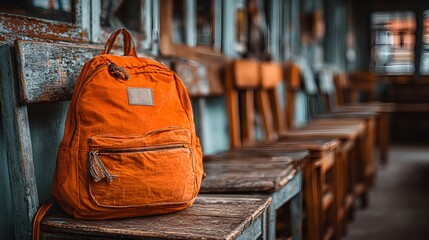 An orange backpack rests on a wooden bench.