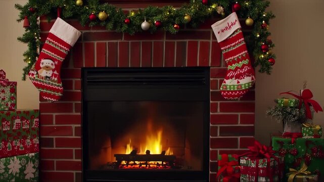 Christmas socks stockings for gift on the fireplace
