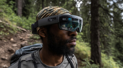 A hiker climbing a trail while wearing AR glasses showing elevation stats, weather alerts, and wildlife markers.