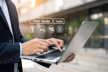 Businessman using laptop with virtual user guide icon for business service. User manual guide, Online instruction manual and strategy advice.