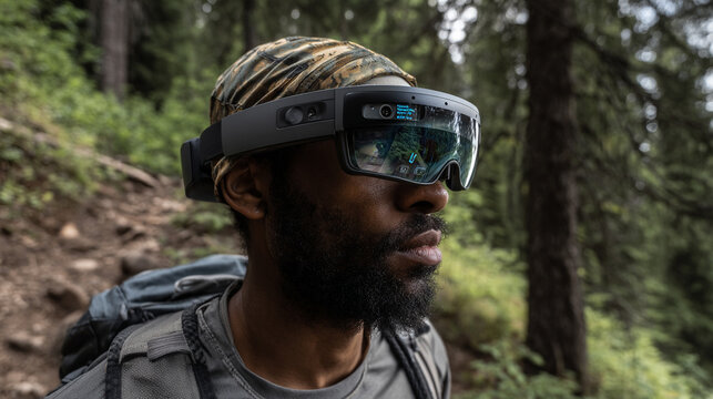 A hiker climbing a trail while wearing AR glasses showing elevation stats, weather alerts, and wildlife markers.