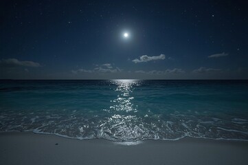 Tranquil moonlit beach night; ocean waves, stars