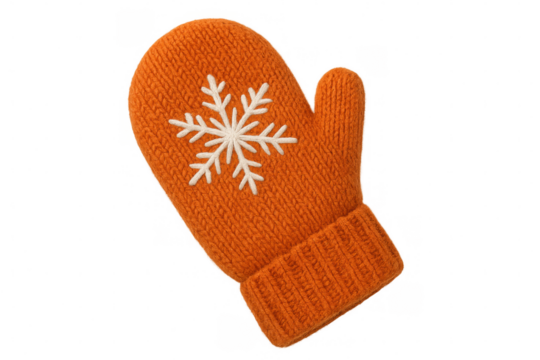 Winter knitted mitten in warm orange color, adorned with intricate white snowflake pattern, resting on transparent backdrop