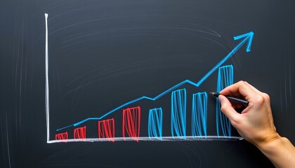 Executive Hand Drawing Bold Red Bar Chart And Blue Line Graph On Navy Chalkboard, Growth Advice Theme, High Contrast