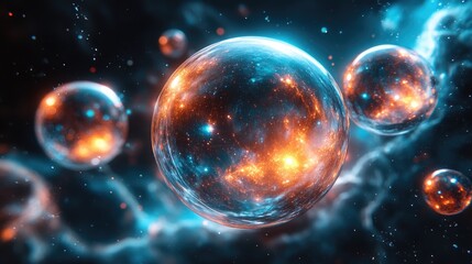 Abstract cosmic multiverse concept with glowing spherical planets and nebulas