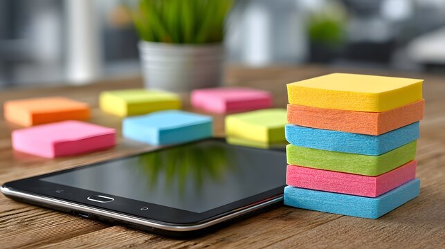 Colorful sticky notes stacked next to a tablet computer.