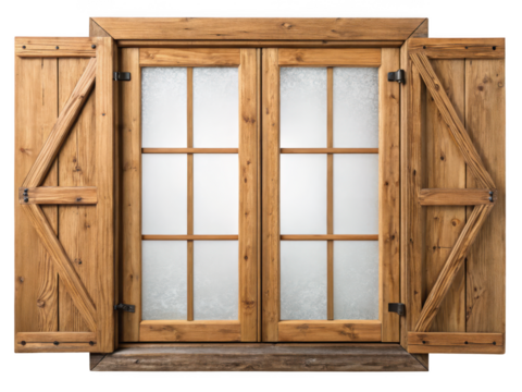 Rustic wooden french doors with open shutters isolated on transparent background