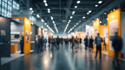A bustling convention hall filled with attendees exploring exhibits under bright lighting creates a sense of excitement and opportunity.