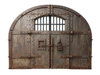 Heavy rusty metal prison door with archway and bars isolated on transparent background