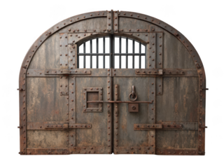 Heavy rusty metal prison door with archway and bars isolated on transparent background