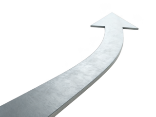 Silver metallic arrow pointing upwards and curving to the right isolated on transparent background