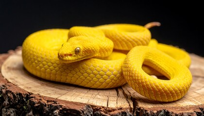 A vibrant yellow snake on a tree stump