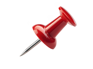 Shiny red pushpin with sharp metal point isolated on transparent background
