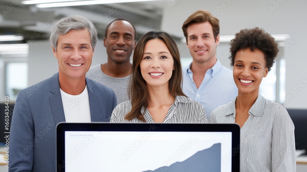 Aufkleber group of professionals smiling in an office setting with a presentation display.