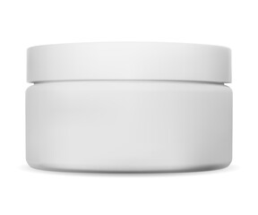 White cosmetic jar blank. Clean round bottle template. Face cream package mock up, modern minimalist product design for label presentation. Realistic pharmaceutical supplement storage