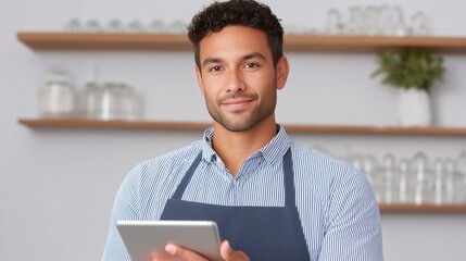 Smiling man using a tablet in a modern kitchen setting.