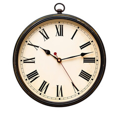 Round antique-style clock, Roman numerals, dark frame