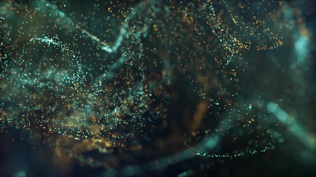 Glowing golden orange green particles swirling fluidly in a dark space background, creating a magical abstract animation with cosmic energy visualization for technology or science backgrounds