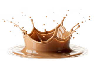 Dynamic coffee splash crown shape with droplets isolated on transparent background