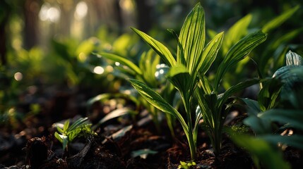 Forest Floor Sunrise: Vibrant Green Plants Emerging