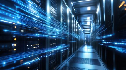 Server room interior with digital streams