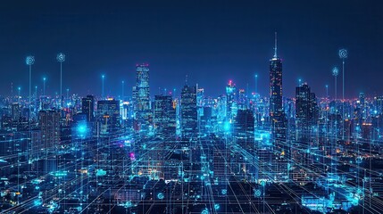 Fototapeta premium Breathtaking nighttime cityscape featuring a dense urban skyline of tall luminous skyscrapers and a dynamic network of illuminated technological infrastructure