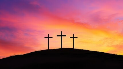 Three crosses silhouetted against a vibrant colorful sunset sky on a tranquil hilltop creating a serene and spiritual scene