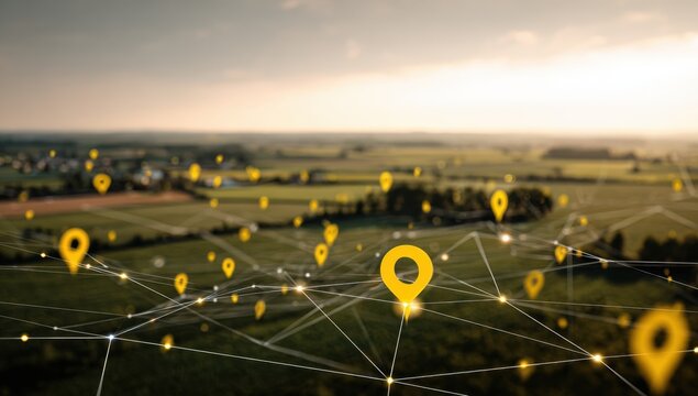 A connected world unfolds across rural landscapes, with location markers illuminating the network of possibilities at sunset.