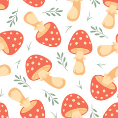 Amanita Mushroom Vector Seamless Pattern. Cartoon Red Amanita Mushroom Illustration. Forest Background. Poisonous Mushroom Fabric. Amanita Nature Decor, Woodland Print Design