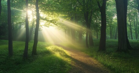Obraz premium In a forest, tree canopies are penetrated by golden rays of light on an Autumn morning, revealing a path
