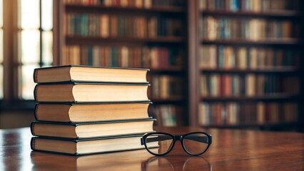 Elegantly composed shot featuring a pile of books and spectacles on a rich wooden surface, set against the warm, inviting blur of a well-stocked library, perfect for themes of academia and quiet study