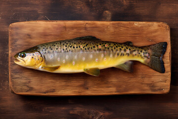 Top view of a fresh whole raw trout on a rustic wooden cutting board