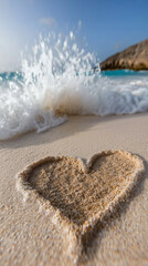Romantic heart shape in the sand with a wave splashing on a tropical beach, phone wallpaper