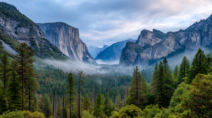Classic Tunnel View of Yosemite Valley with El Capitan and fog at dusk
