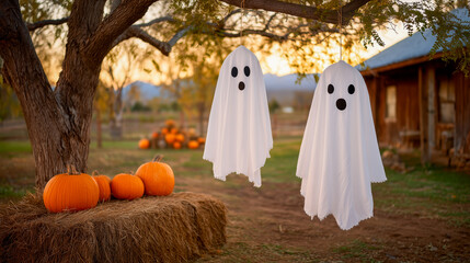 Cute ghost decorations hanging from a tree with pumpkins on a hay bale for Halloween