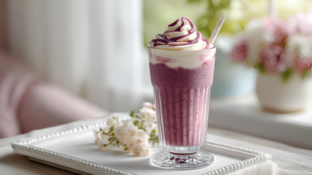 Delicious purple smoothie topped with whipped cream and berry syrup, presented with flowers and straw.