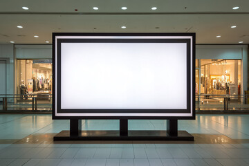 Fototapeta premium Blank illuminated billboard in modern indoor shopping center