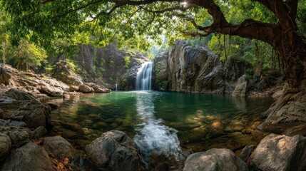 Fototapeta premium Lush waterfall cascading into a tranquil pool, shaded by a large, ancient tree