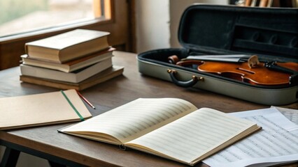 An open music score book lies on a wooden desk, accompanied by a rich brown violin in its open case, a stack of classic books, and a notebook