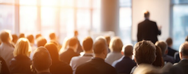 A diverse audience attentively listens to a speaker during a conference bathed in warm sunlight creating an atmosphere of learning and engagement.