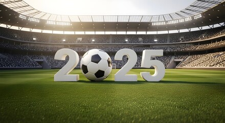 Large soccer ball with bold 2025 numbers at the center of green stadium field, panoramic stadium in bright daylight. Sports championship