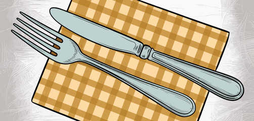 An attractive illustration of a fork and knife arranged neatly on a checkered napkin, showcasing the elegance of dining and the artistry of food presentation.