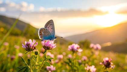 Butterfly resting on wildflowers at sunset
