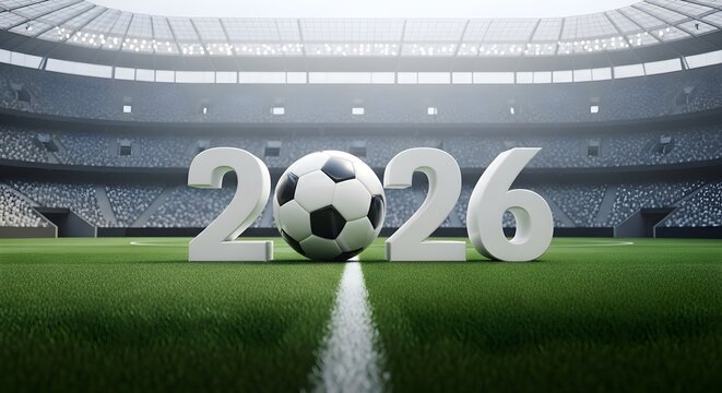 Large soccer ball with bold 2026 numbers at the center of green stadium field, panoramic stadium in bright daylight. Sports championship
