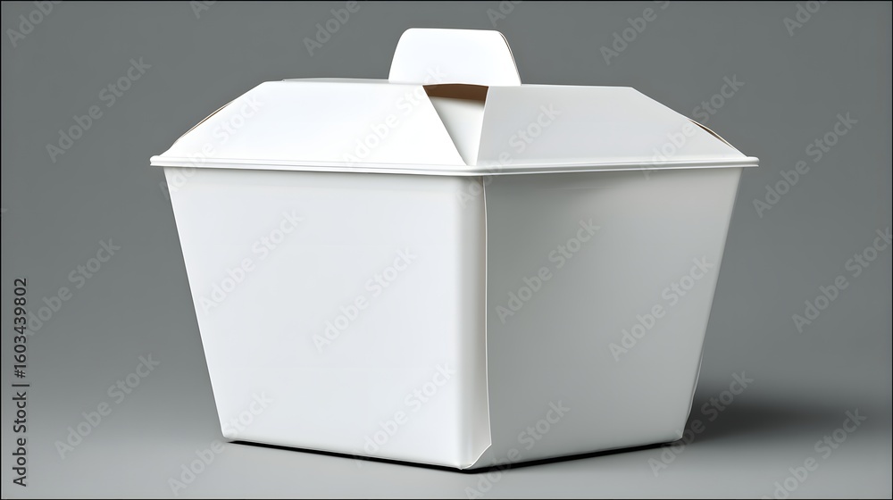 Poster white takeout container with a hinged lid.