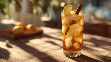 Refreshing iced tea with lemon and cinnamon stick on a sunny wooden table. Enjoy a cold beverage.