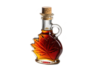Small decorative glass bottle filled with amber maple syrup isolated on transparent background