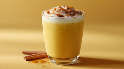 Golden beverage with cinnamon sticks, a soothing and aromatic drink for cozy moments, perfect for wellness.